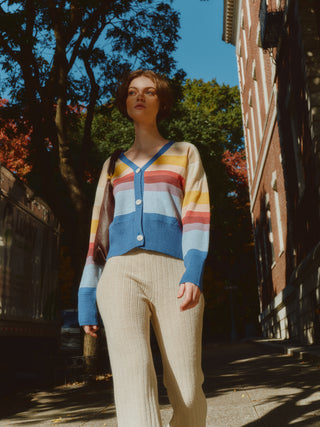 Amanecer Alpaca Cardigan — gradient alpaca knit inspired by sunrise over Uyuni Salt Flats, ethically handmade in Bolivia.