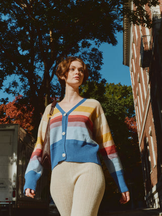 Amanecer Alpaca Cardigan — gradient alpaca knit inspired by sunrise over Uyuni Salt Flats, ethically handmade in Bolivia.