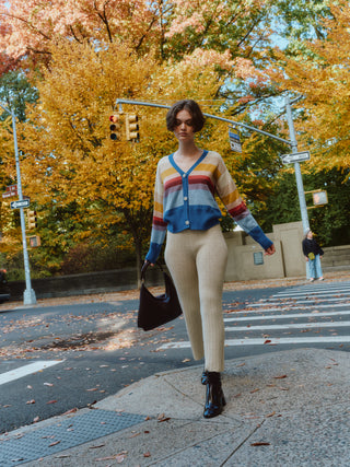Amanecer Alpaca Cardigan — gradient alpaca knit inspired by sunrise over Uyuni Salt Flats, ethically handmade in Bolivia.