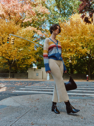 Amanecer Alpaca Cardigan — gradient alpaca knit inspired by sunrise over Uyuni Salt Flats, ethically handmade in Bolivia.