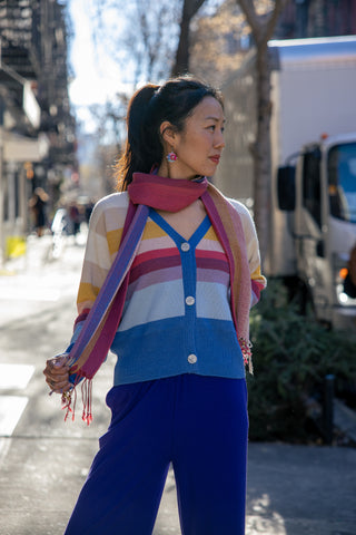 Amanecer Alpaca Cardigan — gradient alpaca knit inspired by sunrise over Uyuni Salt Flats, ethically handmade in Bolivia.