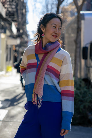 Amanecer Alpaca Cardigan — gradient alpaca knit inspired by sunrise over Uyuni Salt Flats, ethically handmade in Bolivia.