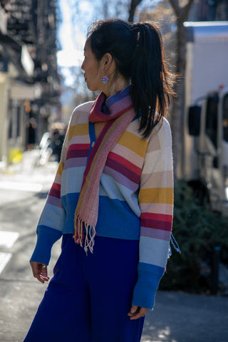 Amanecer Alpaca Cardigan — gradient alpaca knit inspired by sunrise over Uyuni Salt Flats, ethically handmade in Bolivia.