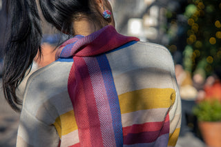 Amanecer Alpaca Scarf — alpaca knit scarf in sunrise gradient, designed to match the Amanecer Cardigan, handmade in Bolivia.