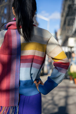 Amanecer Alpaca Scarf — alpaca knit scarf in sunrise gradient, designed to match the Amanecer Cardigan, handmade in Bolivia.