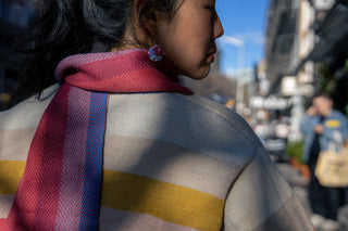 Amanecer Alpaca Scarf — alpaca knit scarf in sunrise gradient, designed to match the Amanecer Cardigan, handmade in Bolivia.