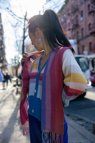 Amanecer Alpaca Scarf — alpaca knit scarf in sunrise gradient, designed to match the Amanecer Cardigan, handmade in Bolivia.