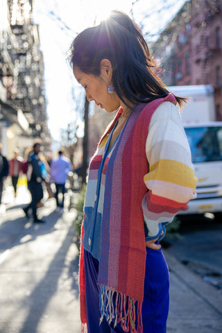 Amanecer Alpaca Scarf — alpaca knit scarf in sunrise gradient, designed to match the Amanecer Cardigan, handmade in Bolivia.