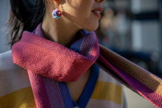 Amanecer Alpaca Scarf — alpaca knit scarf in sunrise gradient, designed to match the Amanecer Cardigan, handmade in Bolivia.