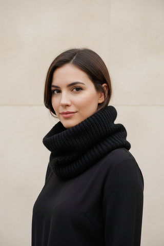 Modelo usando cuello de alpaca negro Aymarita