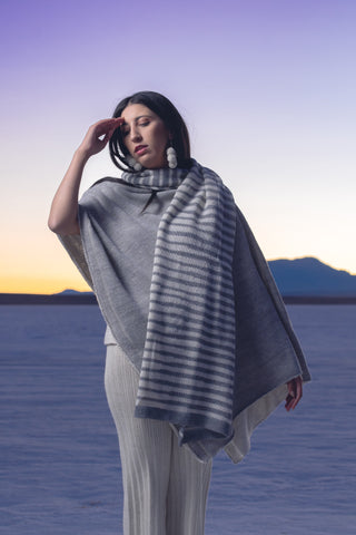 Zebra Alpaca Scarf — alpaca scarf inspired by La Paz’s Zebra character, soft and warm, handmade in Bolivia.