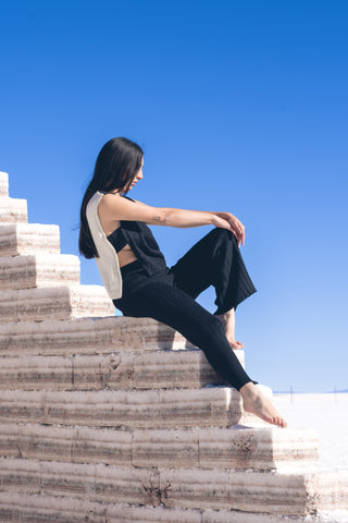 Mullu Alpaca Cardigan — reversible alpaca cardigan with two-tone design and V-neckline front or back, timeless knit made in Bolivia.