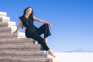 Mullu Alpaca Cardigan — reversible alpaca cardigan with two-tone design and V-neckline front or back, timeless knit made in Bolivia.