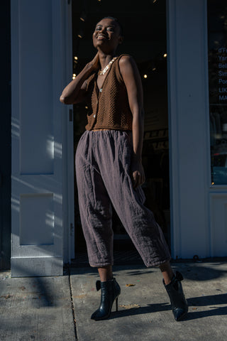 Panti Alpaca Vest — hand-crocheted alpaca vest with openwork stitch, crystal or mother-of-pearl buttons, artisan-made in Bolivia.