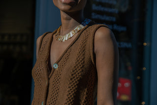 Panti Alpaca Vest — hand-crocheted alpaca vest with openwork stitch, crystal or mother-of-pearl buttons, artisan-made in Bolivia.