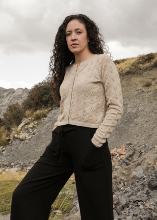 Qupana Alpaca Cardigan — cropped baby alpaca cardigan with delicate lace stitch, lightweight and handmade in Bolivia.